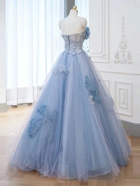 Light Blue Tulle Beaded Sweetheart Long Prom Dress, Light Blue Tulle Evening Dress